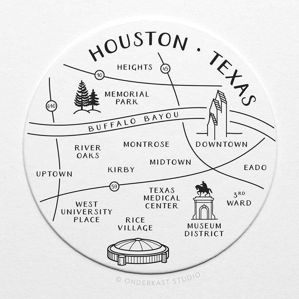 Houston Neighborhoods Letterpress Coasters (Pack of 10) by Onderkast Studio