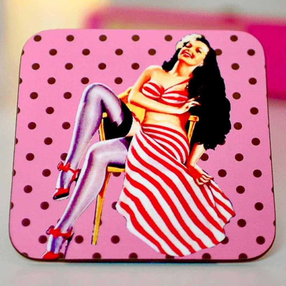 Pink Polka Dot Pinup Lady Coaster by Kitsch Republic