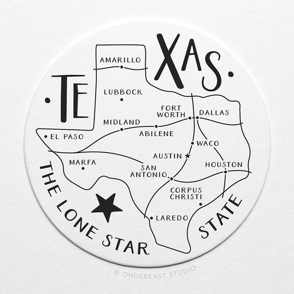 Texas State Map Letterpress Coasters (Pack of 10) by Onderkast Studio