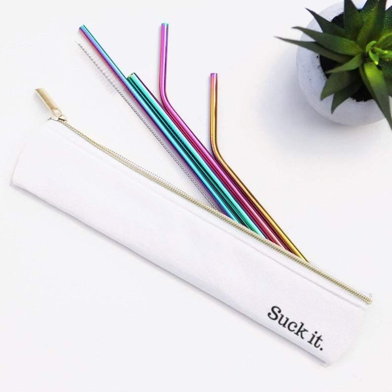Rainbow "Suck It" Reusable Straws in Waterproof Pouch (6-piece set) by The Last Straw
